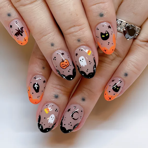 Fashionable European and American ins Style Round Head Almond Nails Colorful Gradient French Gold Powder Line Wearable Nails Fake Nails Wholesale