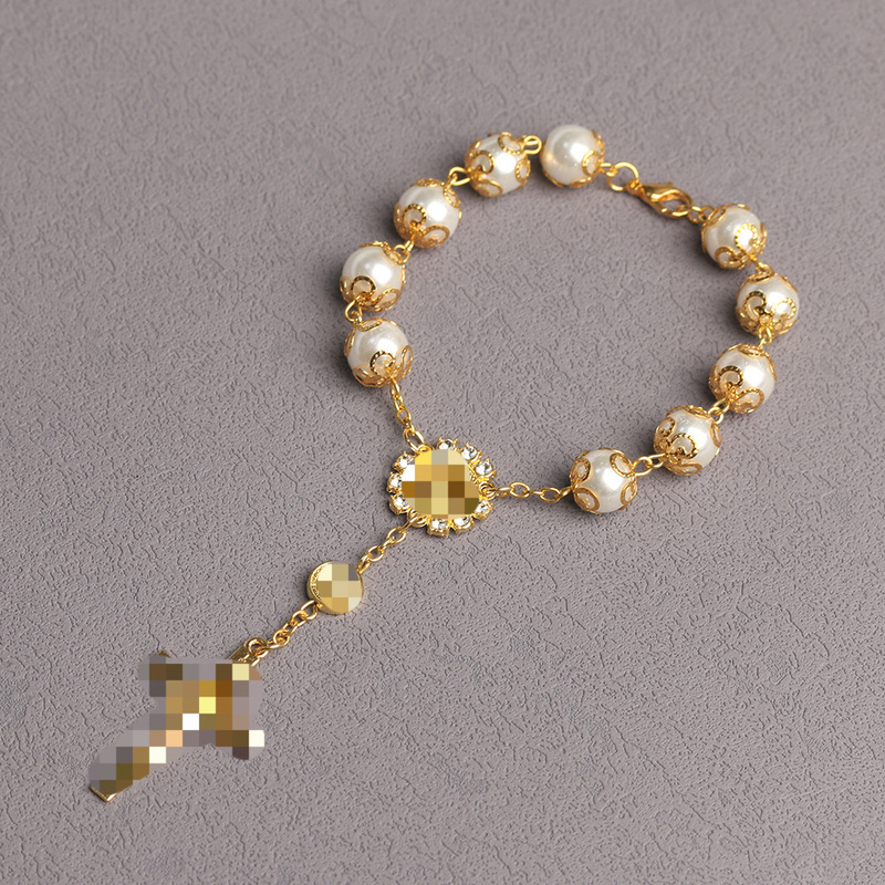 European and American Style Rosary Bracelets, Glass Imitation Pearls, Gold Cross, Cross-Border Jewelry European and American Style Rosary Bracelets, Glass Imitation Pearls, Gold Cross, Cross-Border Jewelry