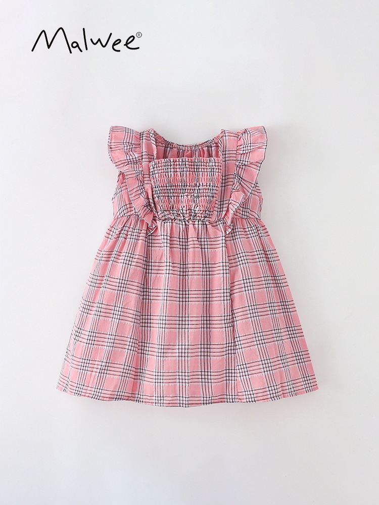 En stock malwee niñas princesa vestido verano nuevo europeo y americano niños casual Plaid cuello redondo vestido de los niños