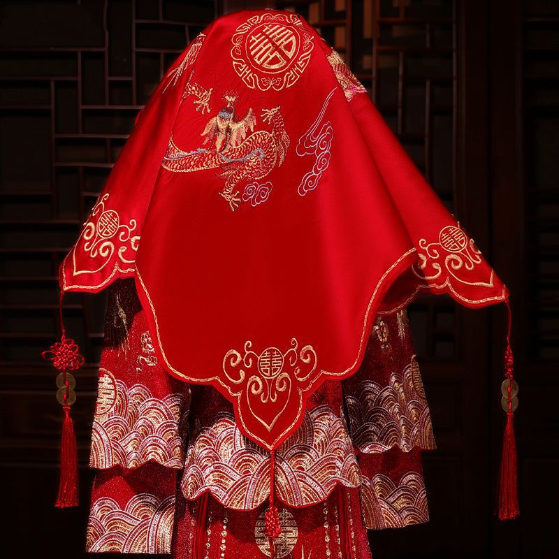 紅蓋頭新娘中式婚禮結婚紅色頭紗流蘇秀禾蒙頭新娘亞馬遜廠家批發