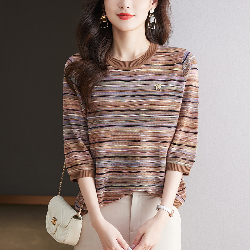 Striped Base Shirt for Women, Autumn Wear, Three-Quarter Sleeve Tencel Knit Top, 2026 New Style, Plus Size, Tummy-Concealing Top