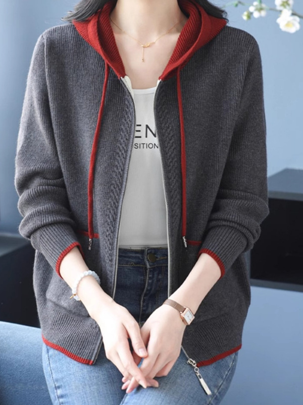 春秋新款毛衣外套女特大码妈妈连帽拉链针织开衫宽松外搭披肩上衣|undefined