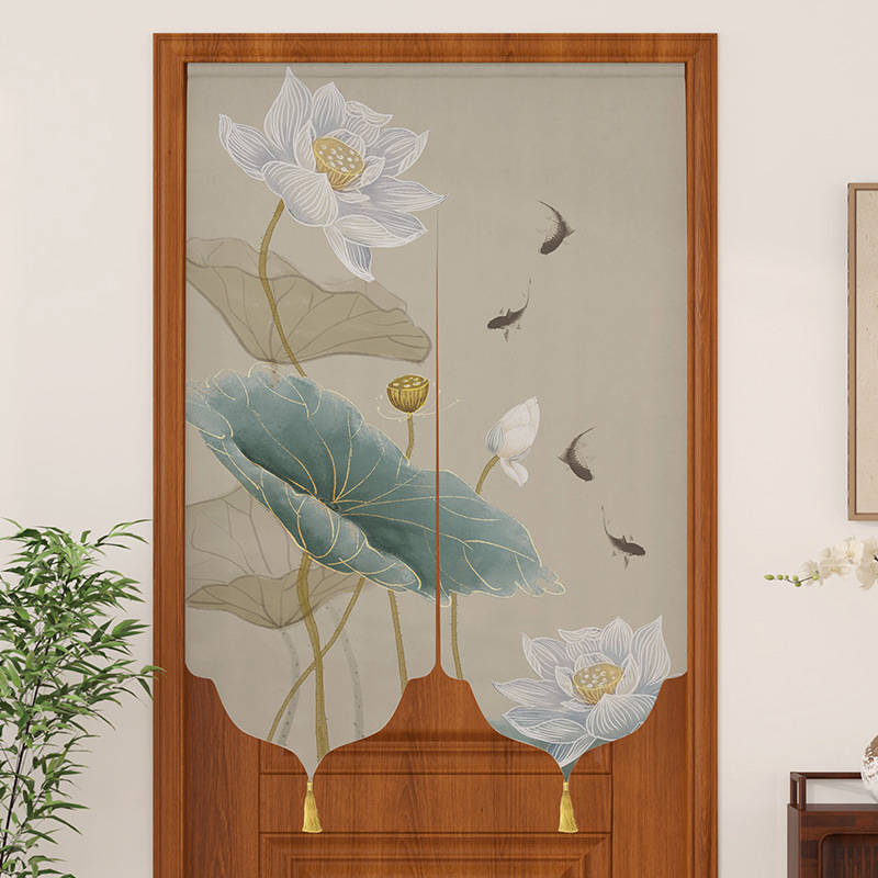Chinese Lotus Door Curtain Partition Curtain Home Curtain Bedroom Kitchen Bathroom Punch-free Feng Shui Fabric Half Tips