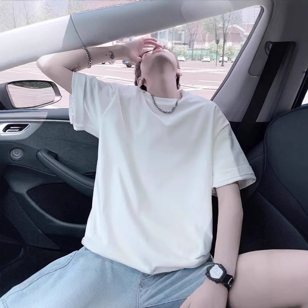 화이트 코튼 반팔 티셔츠 남자 2025 여름 루즈 플러스 사이즈 올 매치 솔리드 컬러 라운드 넥 캐주얼베이스 하프 슬리브