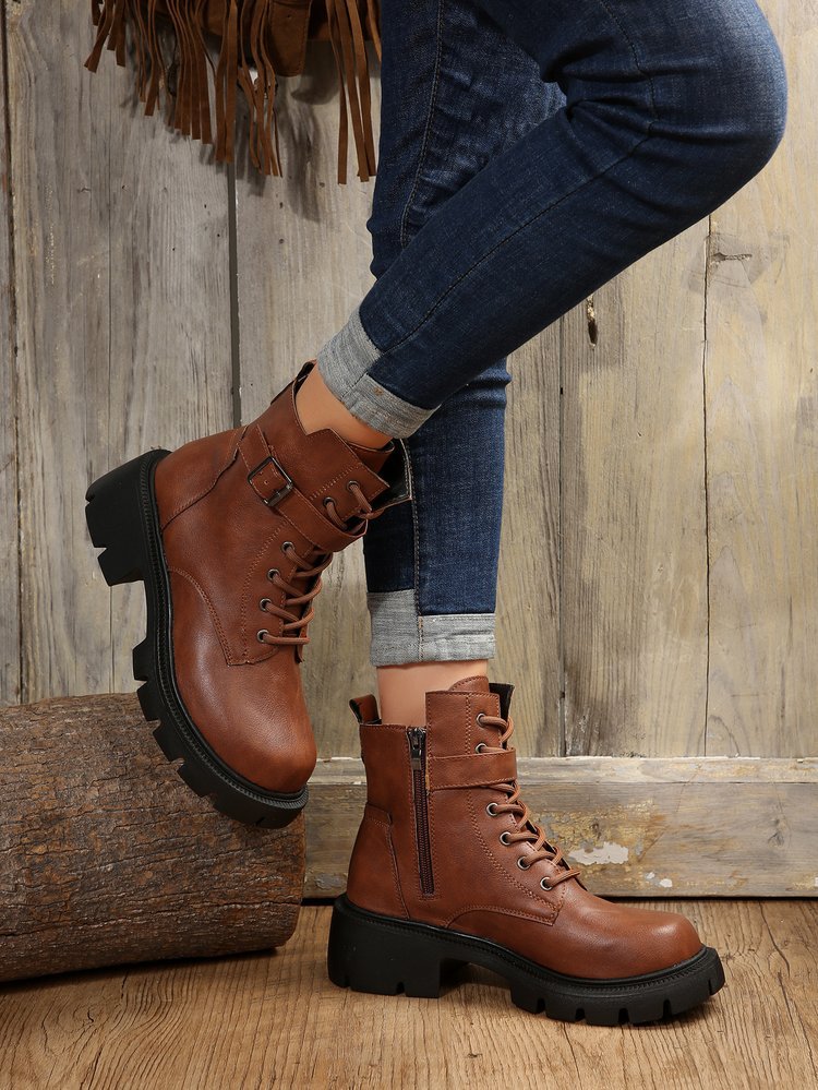 New autumn winter British style motorcycle boots thick soled belt buckle vintage ankle boots plus size_voghion.com