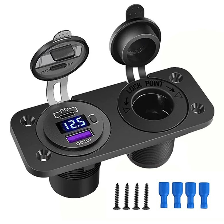Cross-Border Hot Qc3.0 Modified Car Charger with Switch Two-Hole Fixed Panel Car Cigarette Lighter Socket Charger