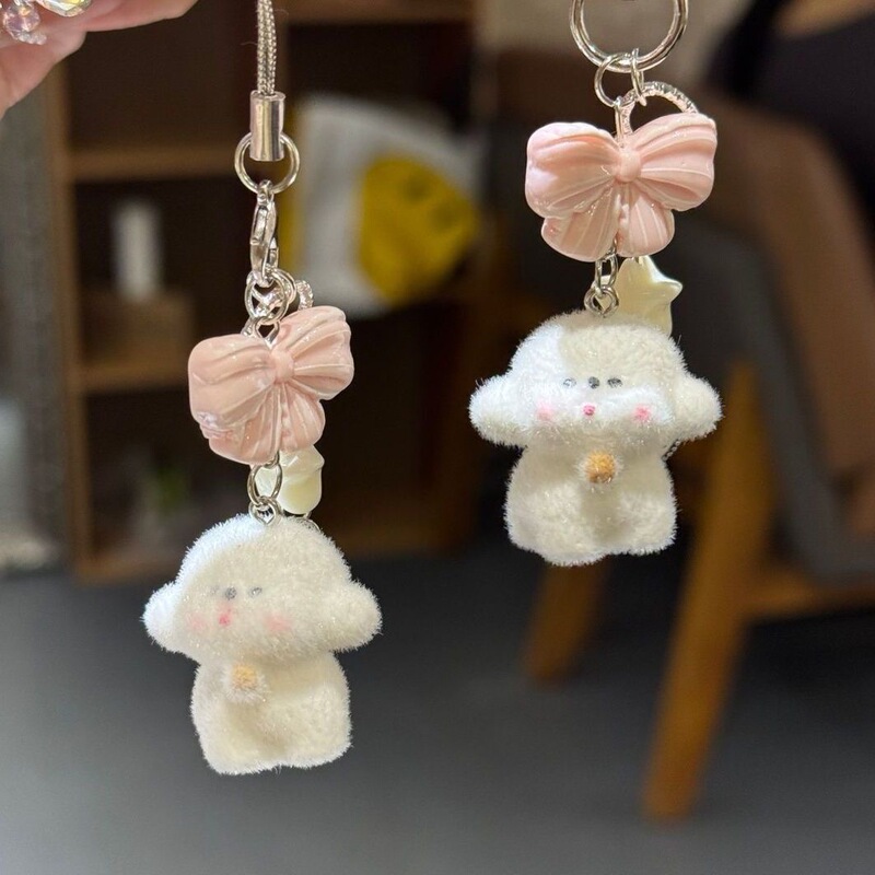 Cute Flocked Bear Mobile Phone Pendant Girl Heart Bow Cartoon Animal Bag Pendant Accessories Car Keychain