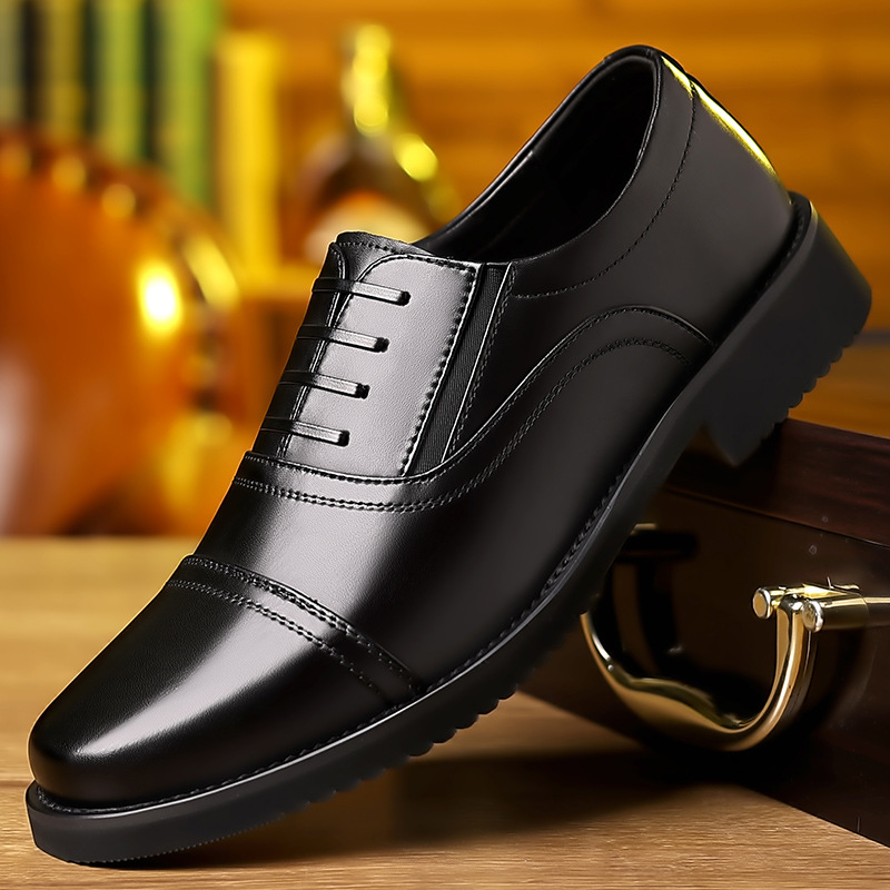 2025 Spring/Summer New Men's Elastic Slip-On Leather Shoes with Three-Strap Lace-Up Height-Increasing Shoes, Cowhide Versatile Men's Leather Shoes