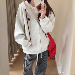 016 慵懒风连帽卫衣女秋季新款撞色刺绣字母女士开衫拉链外套宽松