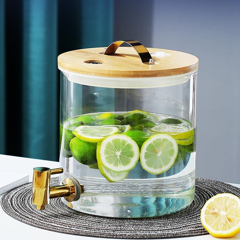 Jugo de vidrio puede beber cubo con grifo comercial limón jugo cubo gran capacidad sellada enzima cubo jugo trípode