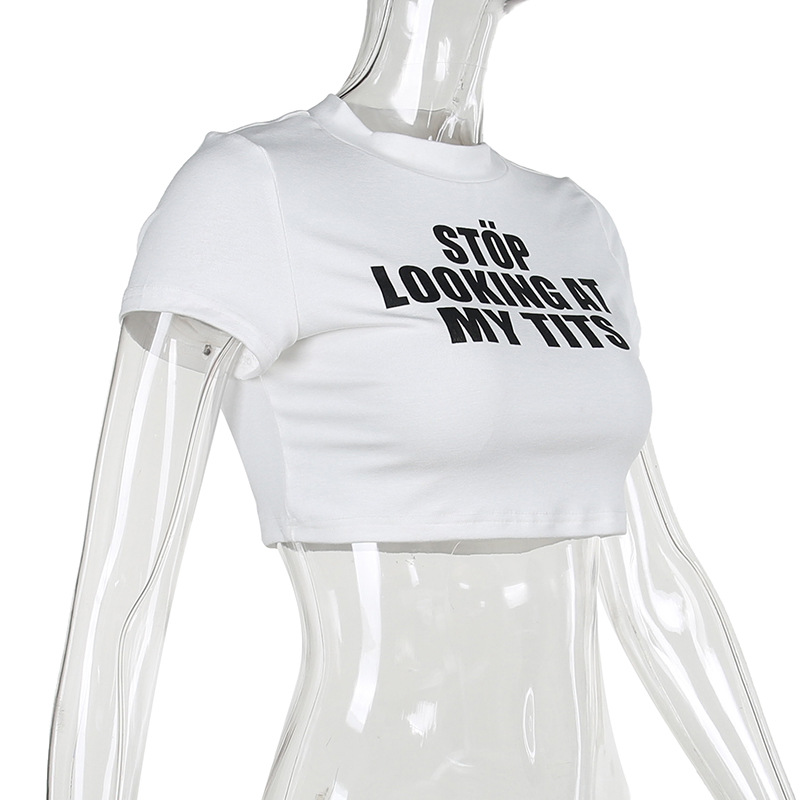 Autumn Sexy Cropped T shirt Casual Slim Fit All Match Letters Printed Minicoat Women Clothing