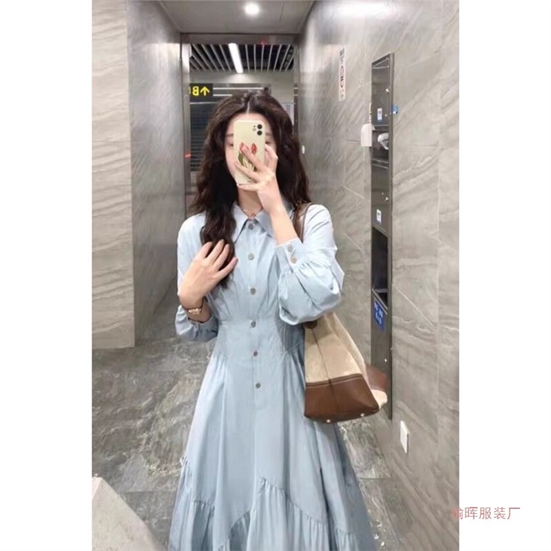 Artistic and Vintage-Style Blue Polo Collar Shirt Dress with a French Gentle Elegance, Waist-Cinching A-Line Long Dress for Autumn Artistic and Vintage-Style Blue Polo Collar Shirt Dress with a French Gentle Elegance, Waist-Cinching A-Line Long Dress for Autumn