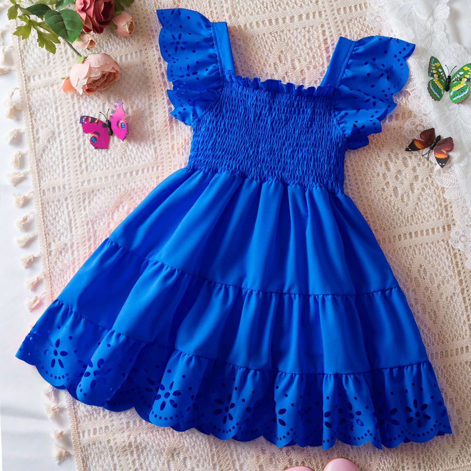 2025 Summer Amazon New Girls Dress Korean Style Short Sleeve Lace Princess Dress Flying Sleeve Ruffle Dress