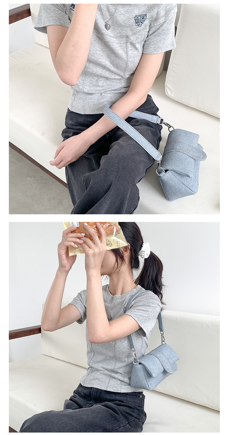 Nuova versione coreana del denim con effetto invecchiato di alta qualità, spalla singola da donna, design di nicchia, ascella in pelle PU_voghion.com