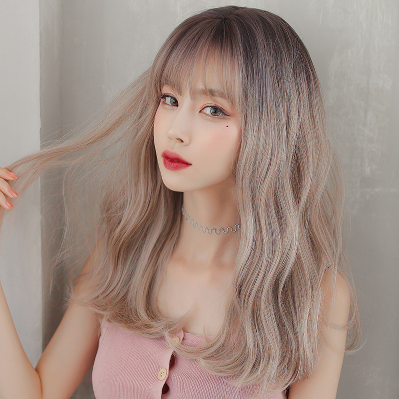 Wig women's medium and long hair air bangs linen color micro curly long curly hair fluffy natural full head cover factory wholesale