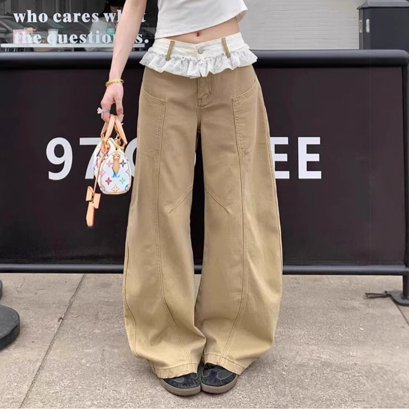 Khaki Lace Splicing Scimitar Jeans for Women in Summer, Chic Design, Loose Slimming Wide-Leg Floor-Length Pants