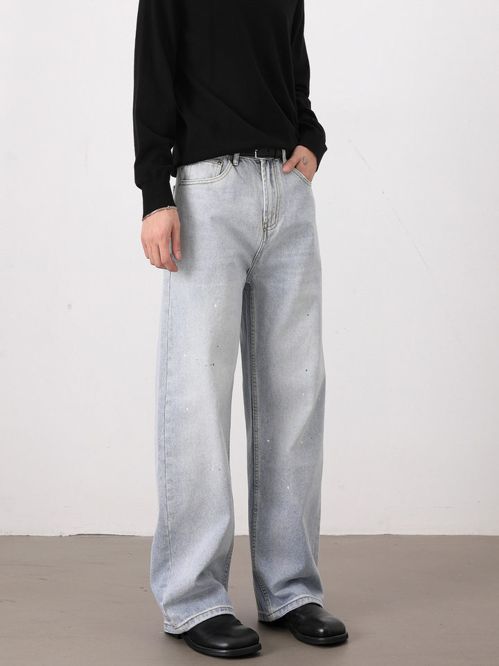 Quần jeans nam ống rộng dáng suông giặt mài họa tiết vẩy mực — Màu xanh dương