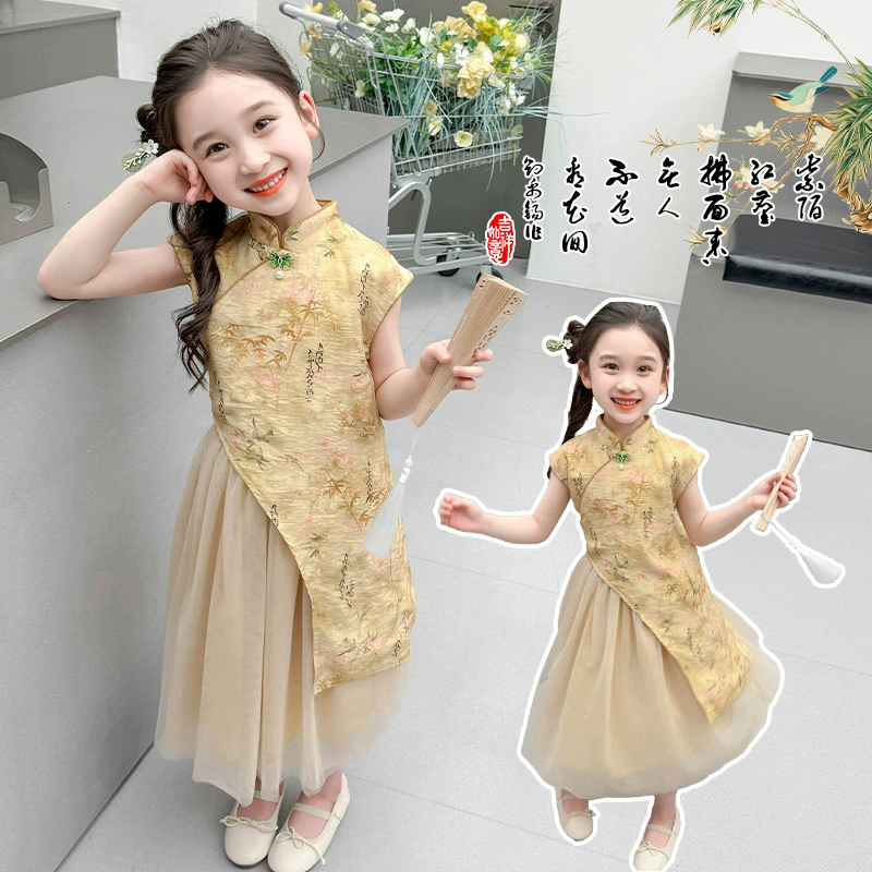 Новый китайский стиль юбка-чонсам для девочек 2024 летняя одежда новая детская пряжка