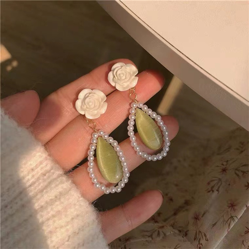 retro green opal pearl camellia rose water drop alloy earrings female springpicture3