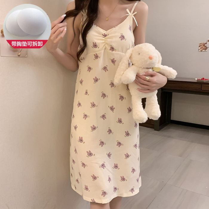2024 verano con cojín de pecho espuma vestido de dormir mujer dulce vestido de suspensión estudiantes lindos dibujos animados ropa de casa de mujer al por mayor