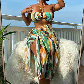 купальник2024新款条纹网纱泳装亚马逊比基尼女挂脖开衫