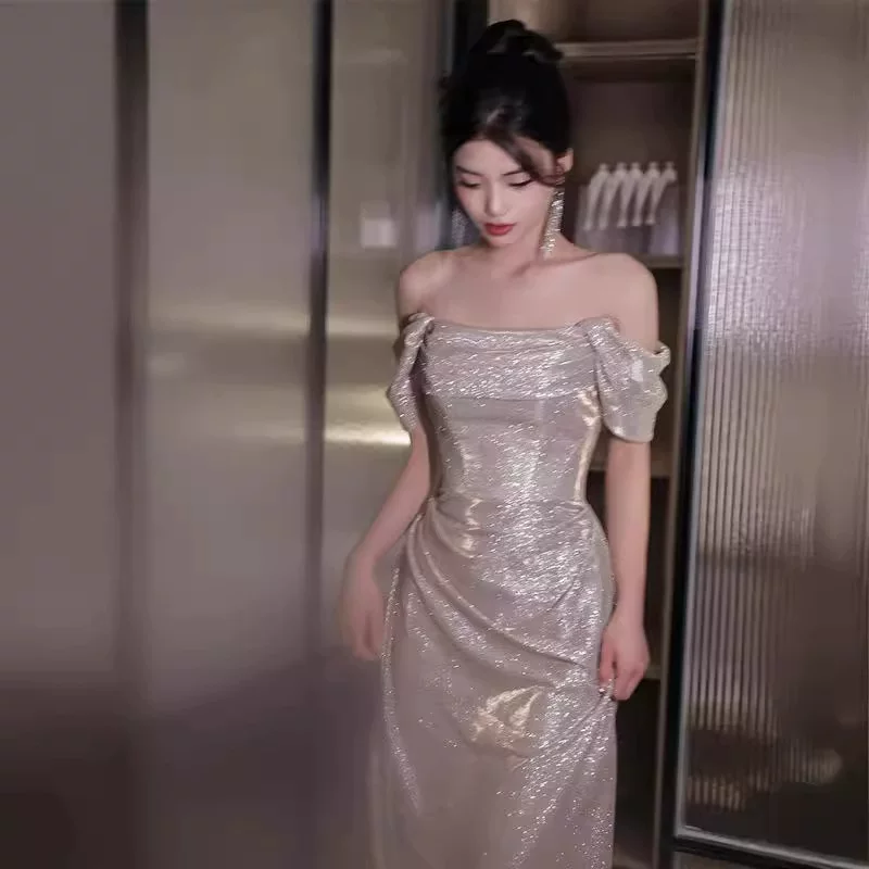 Вечернее платье, серебряные ногтевые sequins для невесты, открытые плечи, новая коллекция