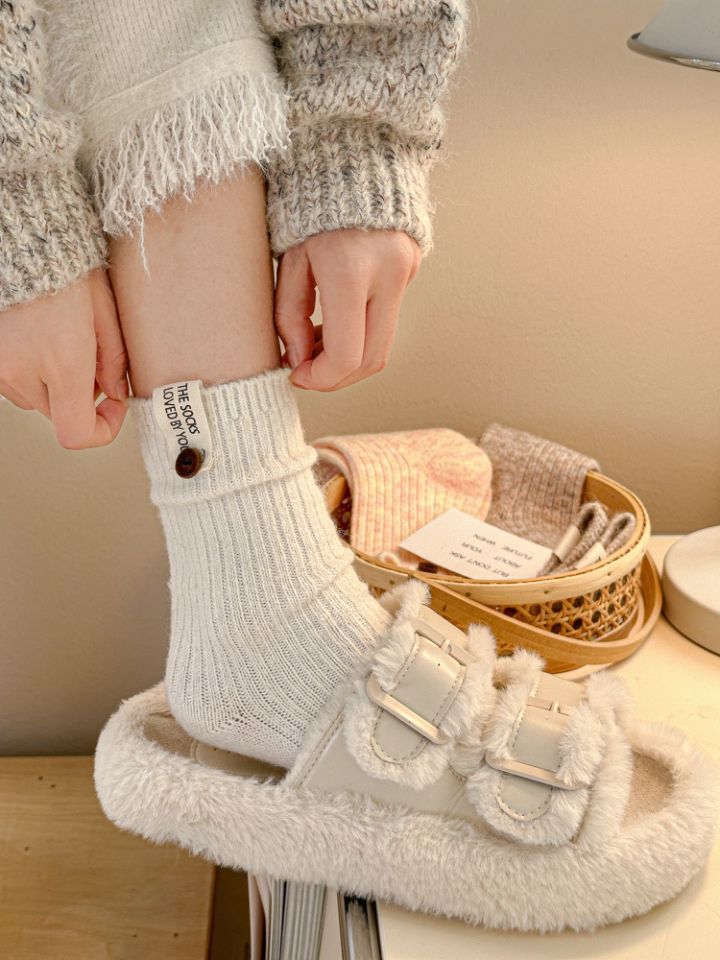 5shuang Button Wool Stockings Children's Medium Tube Socks Solid Color Thickened Warm Versatile Japanese Stacking Socks_voghion.com