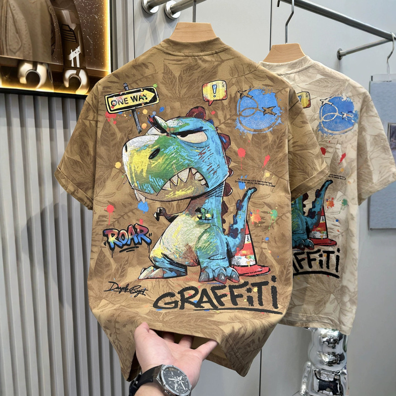 American Retro Trendy Brand Tie-Dye Short-Sleeved T-Shirt for Men Summer Cartoon Dinosaur Painted Graffiti Loose Casual T-Shirt