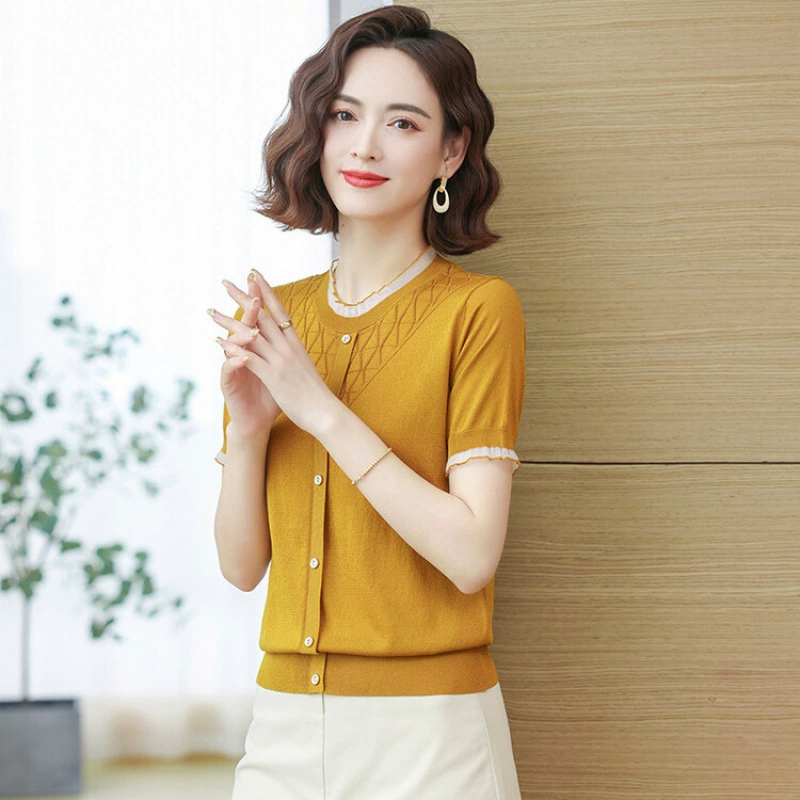 Высококачественная женская футболка из шелкового шелка с короткими рукавами, новая стильная одежда для мам, модный, свободный и тонкий кружевной вязаный топ.