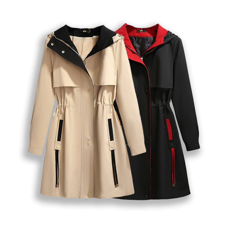 Очень большой демисезонный trench coat, модная куртка с капюшоном, slim fit, для полных женщин