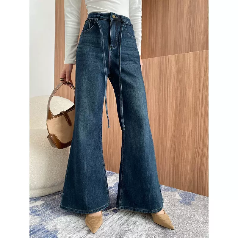 司南 超模腿线条 水洗深蓝高腰宽松阔腿加绒微喇叭牛仔裤 SN6917