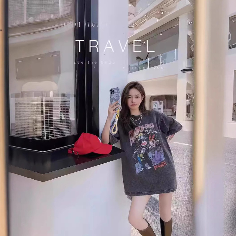 Cross-Border Heavyweight Pure Cotton Cartoon Distressed Washed Short-Sleeved T-Shirt Women's Summer Trendy Retro Loose Couple Tops