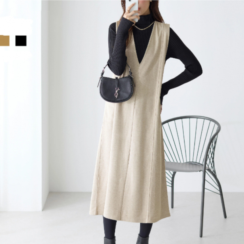 外贸日本乐天韩国新款秋冬400克毛呢加厚深V背心连衣裙呢子马甲裙