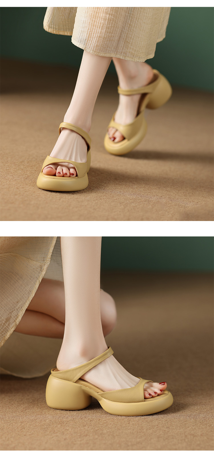 Sandal cao gót hở mũi nữ phong cách Pháp đế dày chống trượt — màu đen, màu trắng ngà, màu vàng chi tiết 12