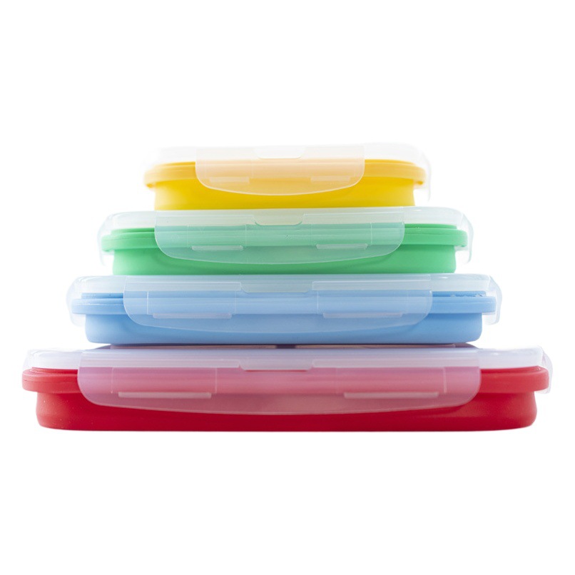 Amazon caja de almuerzo de silicona caliente crisper silicona plegable de cuatro piezas caja de almuerzo de viaje al aire libre en stock al por mayor