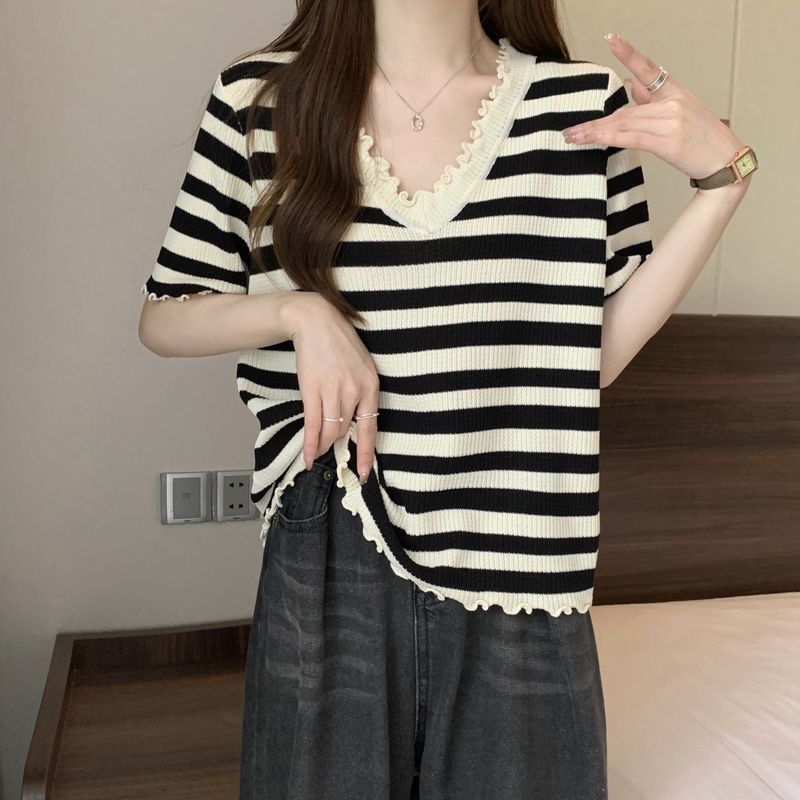 300斤大码女装边条纹V领短袖T恤夏季胖m遮肚显瘦百搭洋气上衣跨境|undefined