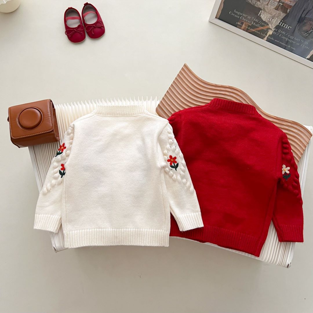 JINYONG Kinderpullover Neue koreanische Ausgabe Western Sweet bestickte Blume 3D Ball Strickmantel für Mädchen_voghion.com