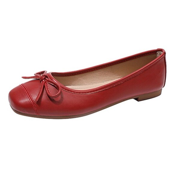 Universal red shoes with bow made of soft leather square toe flat…