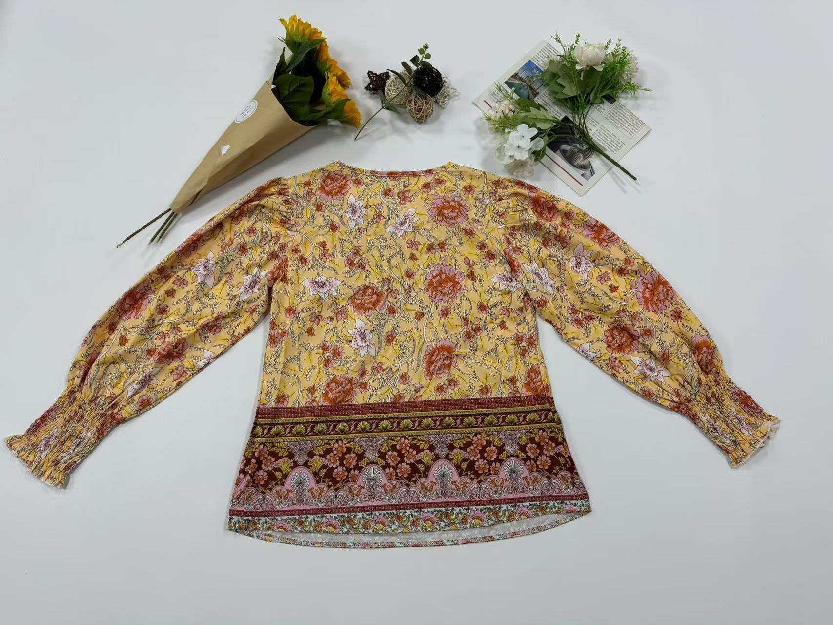 84g Weight Long Sleeve Sleeve Length Tie Placket Type Regular Sleeve Sleeve Type Viscose fiber Fabric Type Regular Top Length Blouse Tops Type Holiday, Banquet, Selfie Occasion V Neck Neckline Loose Fit Type Printing Pattern Summer, Spring, Autumn Season Women's Gender Vintage Style, Bohemian Style Wholesale Women's Vintage Style Bohemian Printing Long Sleeve Blouses 14