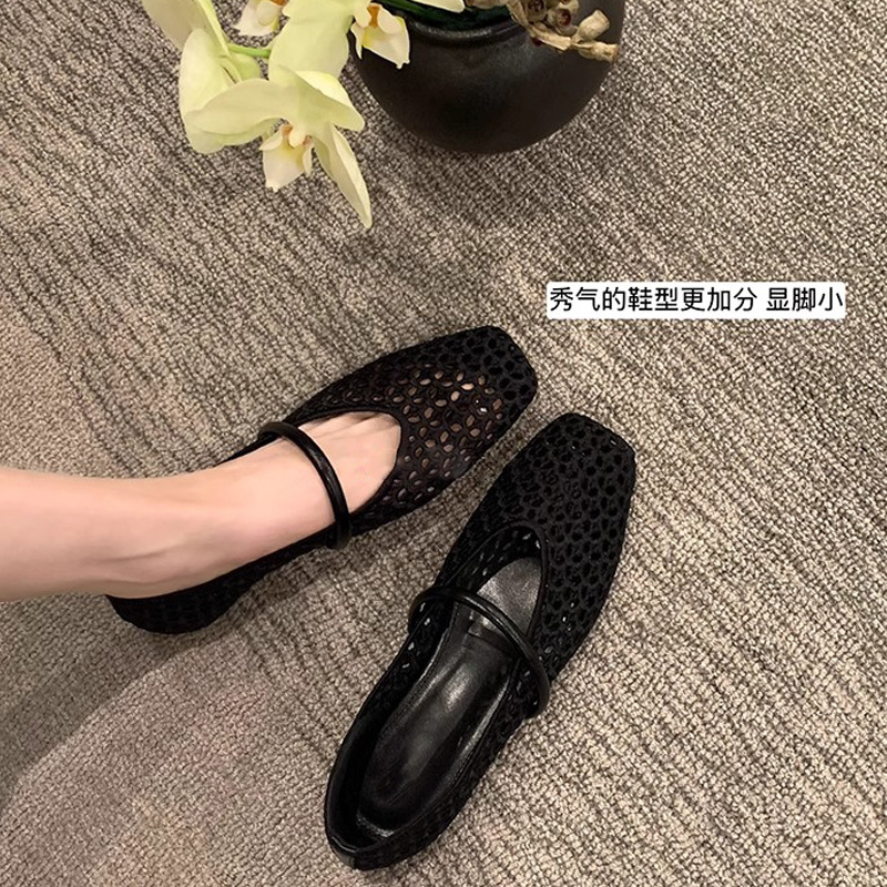 Grape Mom primavera nuevo estilo francés cabeza cuadrada tejida hueca con zapatos de boca baja de cara suave de todo fósforo mujeres