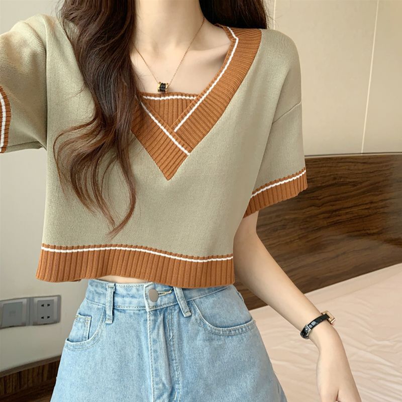 Loose Collar Short-Sleeved Shirt for Women, Summer Thin Knitwear, Fake Two-Piece Short Top Paired with High-Waisted Jeans