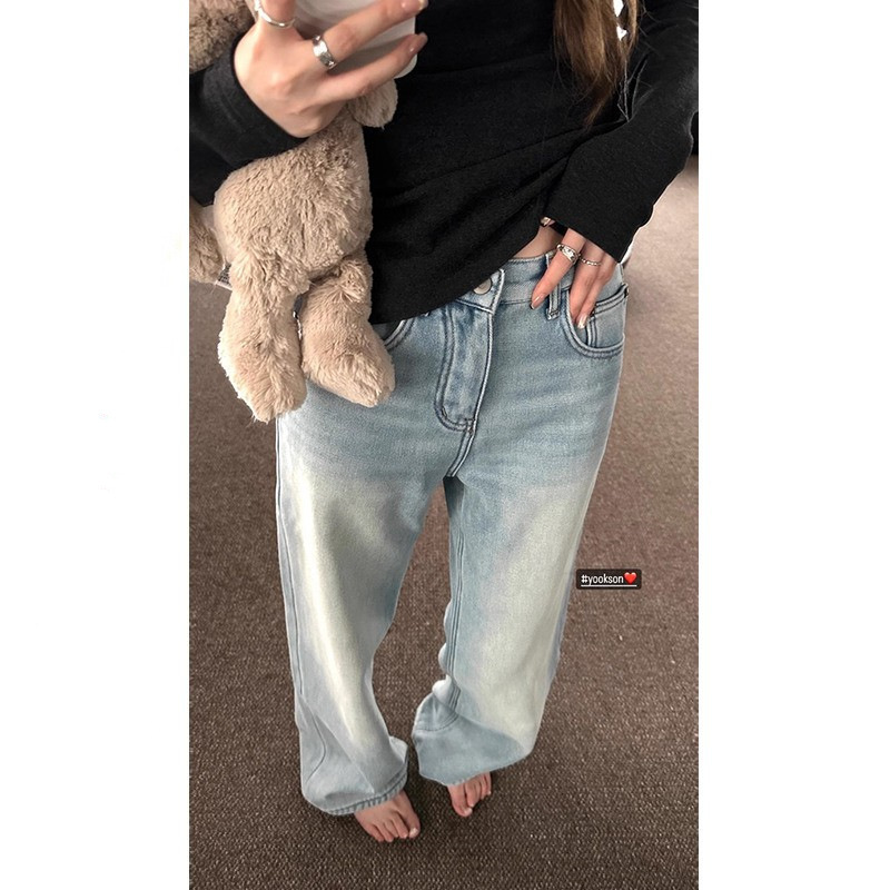 Heygirl Black Brother Denim Is Very Busy, D-Dyed and Washed Blue! Loose Light-Colored Straight-Leg Jeans for Women, 2025 New Model