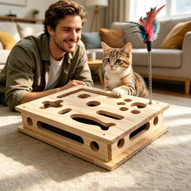 Wooden Fun Cat Scratching Box, Cat Self-Entertainment Toy, Cat Hole-Punching Puzzle Toy Box Wooden Fun Cat Scratching Box, Cat Self-Entertainment Toy, Cat Hole-Punching Puzzle Toy Box