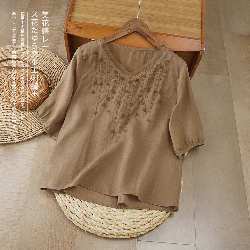 Versatile V-Neck Pure Ramie T-Shirt for Women, New Summer Embroidered Organza Splicing Fashion Top