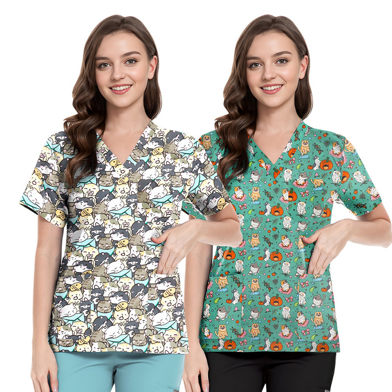 Cross-Border Amazon Popular V Neck Short-Sleeved T-Shirt Tops Cartoon Print Nurse Uniforms Surgical Uniforms Work Clothes for Men and Women