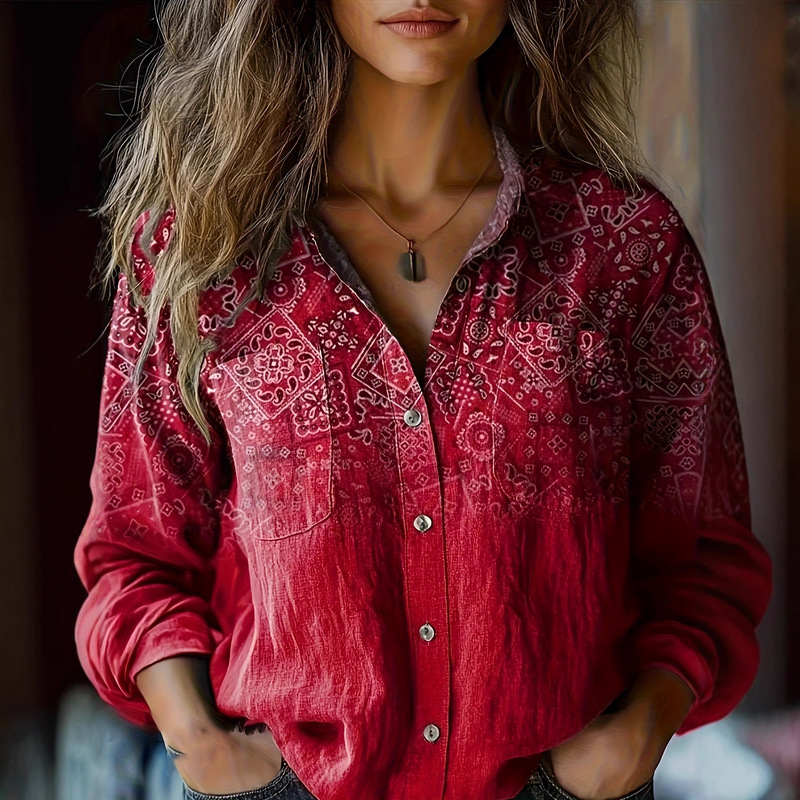 Cross-Border Women's Casual Work Clothing Shirt Western Ethnic Style Geometric Bohemian Printed Long-Sleeved Women's Shirt