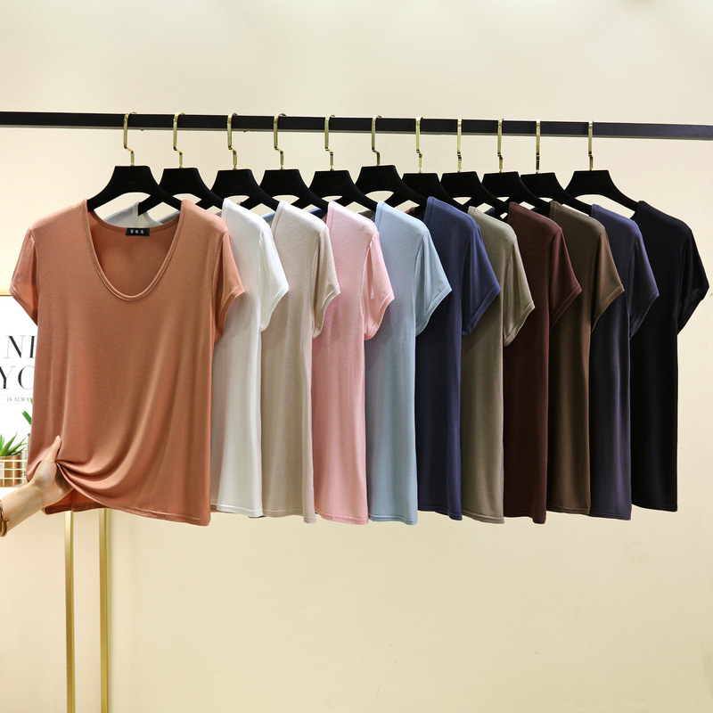 Modal Short-Sleeved Low-Neck U-Neck Home Clothes for Women Summer Thin Loose Oval Collar T-Shirt Pajamas Can Be Worn Casually