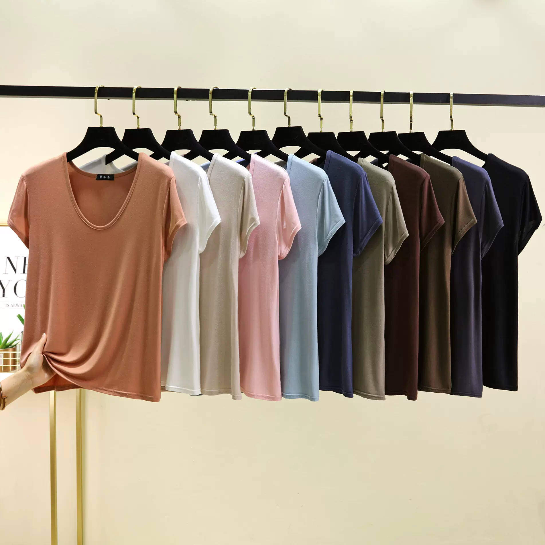 莫代尔短袖低领u字领家居服女夏薄款宽松椭圆领T恤睡衣可外穿休闲