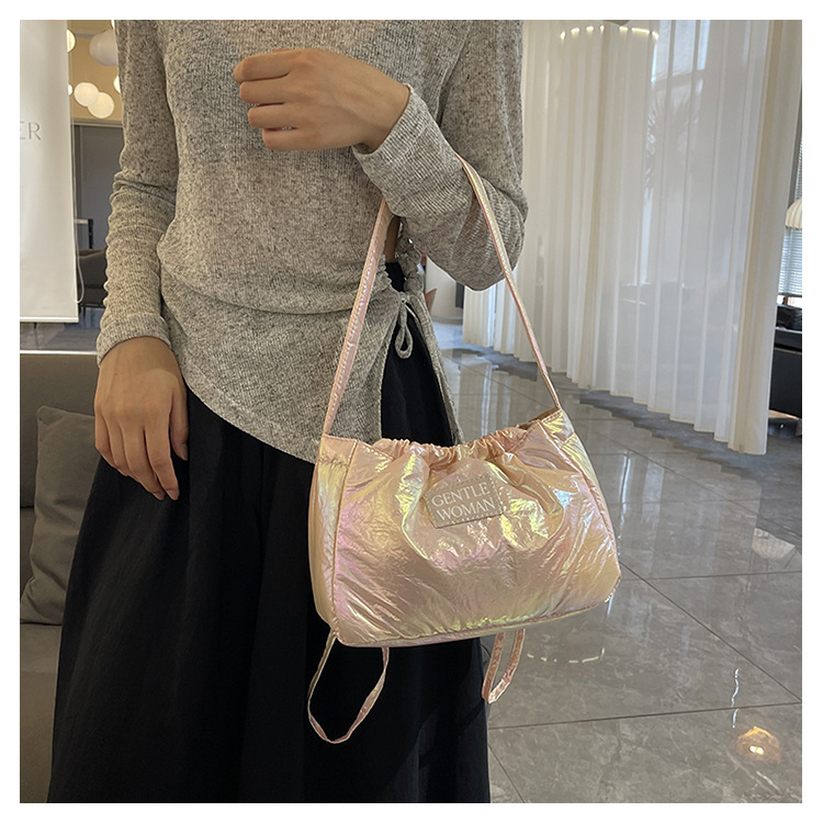 Candy colored new letter printed drawstring shoulder niche design dumpling women's armpit bag_voghion.com
