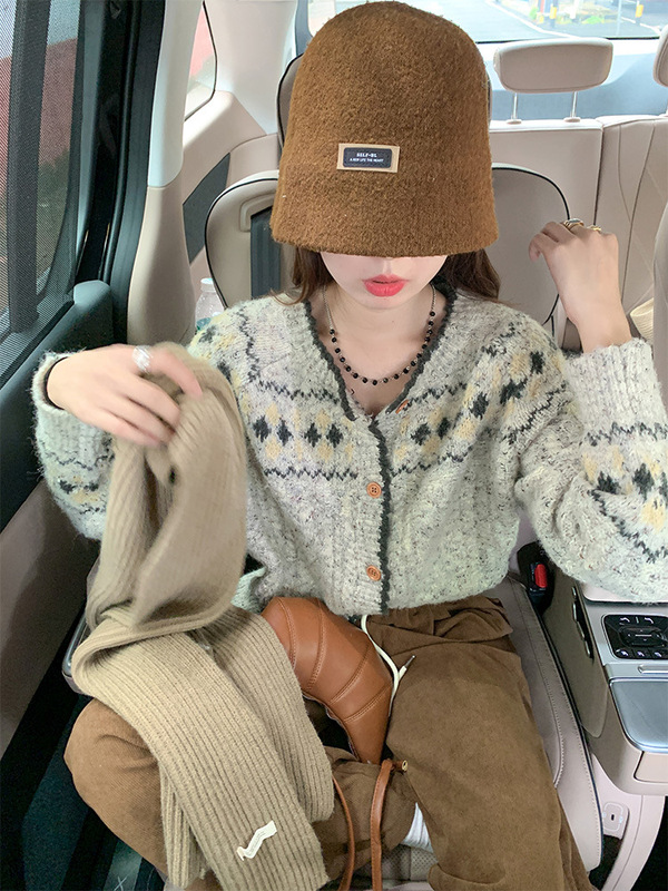 曾小咸 早秋灰色费尔岛毛衣外套女秋冬外穿宽松慵懒针织开衫上衣|undefined